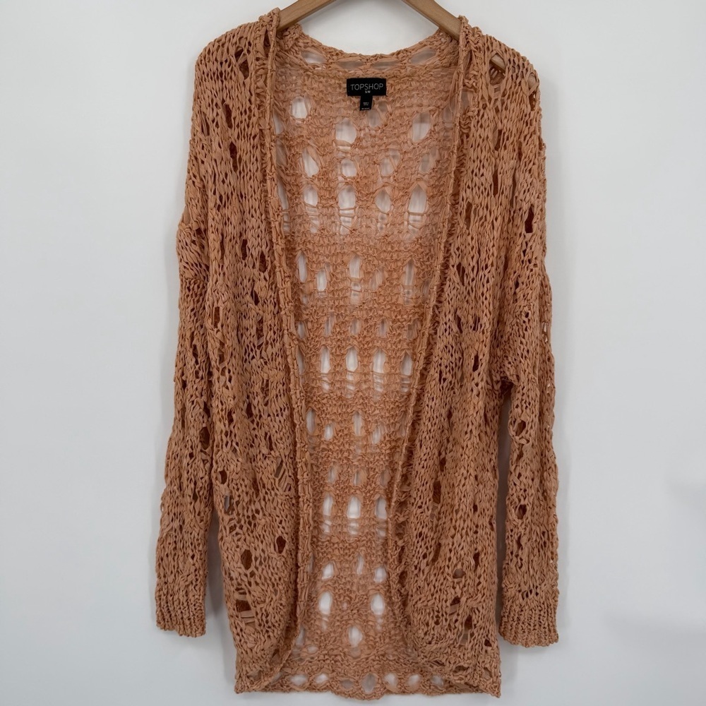 Topshop Open Knit Peach Ribbon Long Sleeve Mid Length Cardigan size S/M